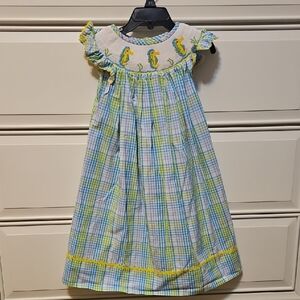 Plaid Kids Dress with Seahorse Embroidery
